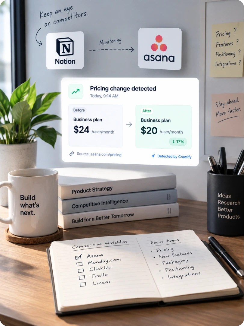 A competitive watchlist notebook beside a Pricing change detected card showing a Business plan moving from $24 to $20 per month, sourced to asana.com/pricing