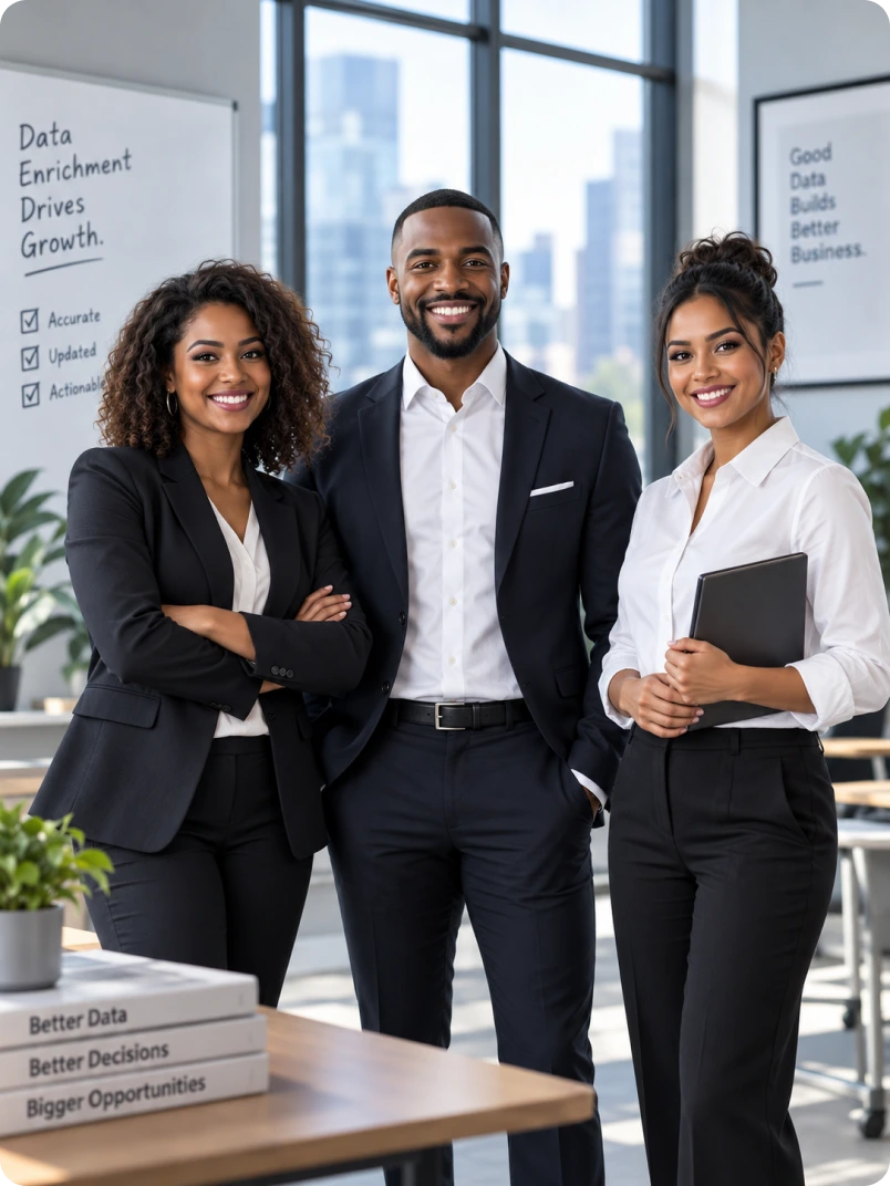 Three data and enrichment professionals standing together in front of a whiteboard reading "Data Enrichment Drives Growth"