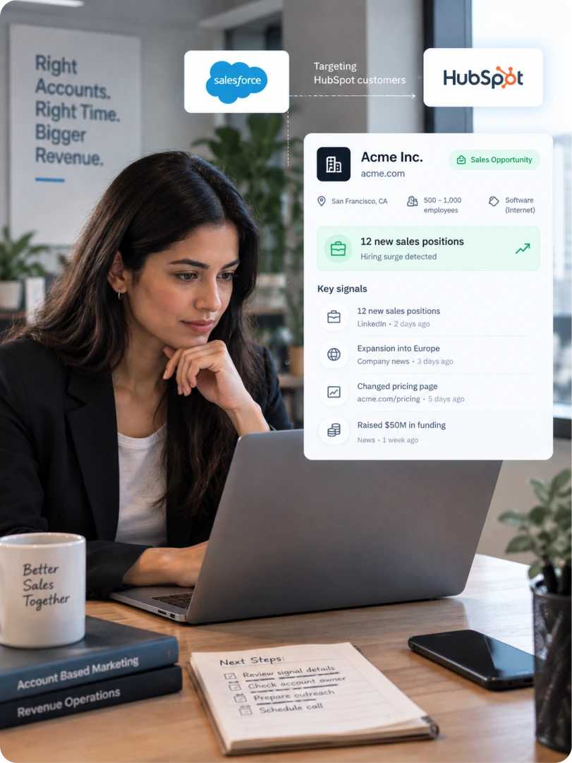 A sales operations analyst at a laptop beside a Salesforce and HubSpot account card showing 12 new sales positions and key signals for Acme Inc.