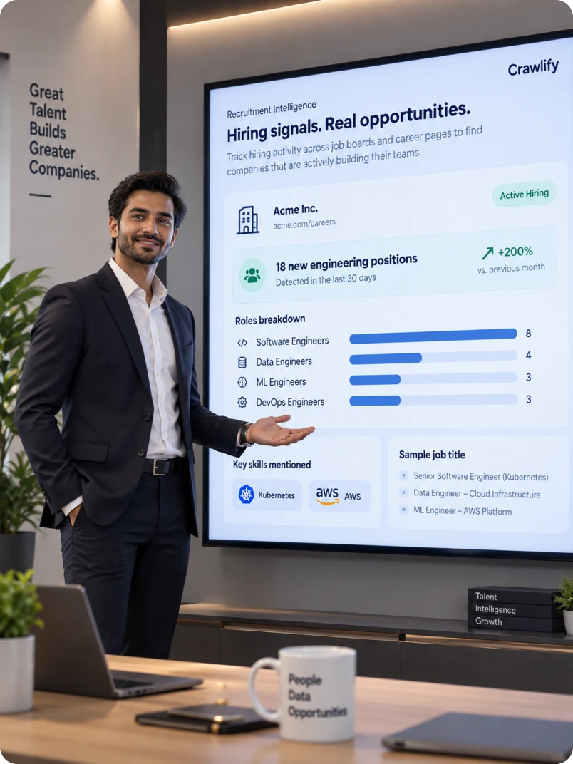 A recruitment analyst presenting a Crawlify hiring-signals dashboard on a wall screen showing 18 new engineering positions for Acme Inc.