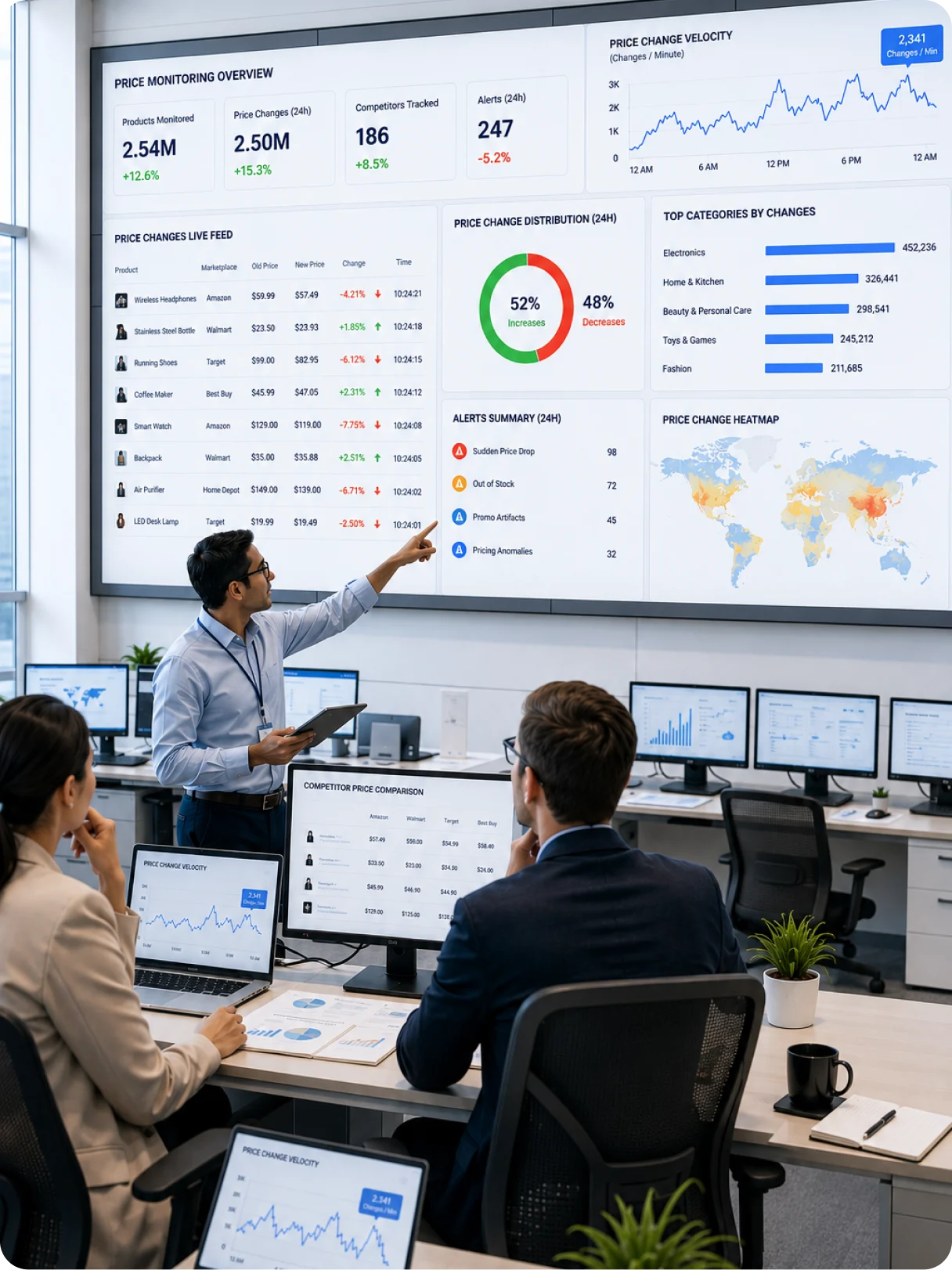 A retail team watching price, stock, review and ad signals move independently on a live board