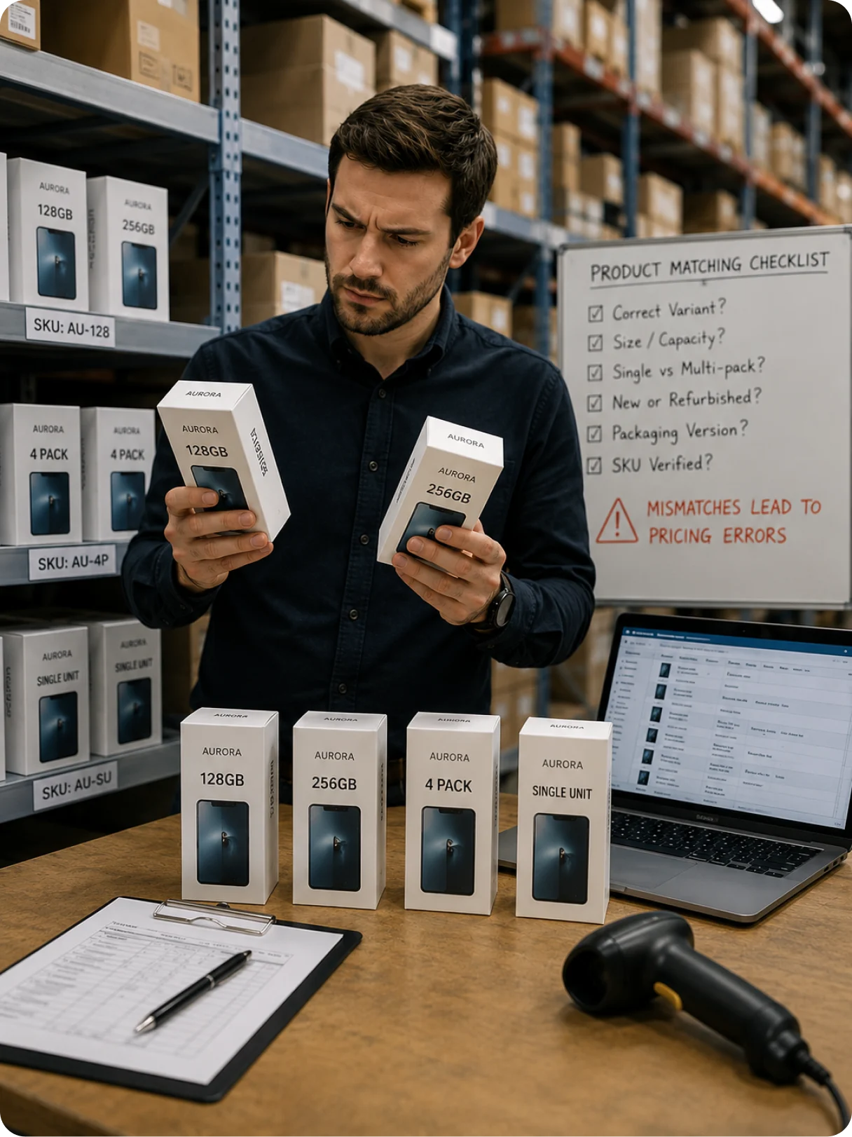 A retail analyst comparing near-identical product boxes against a matching checklist, with mismatches flagged