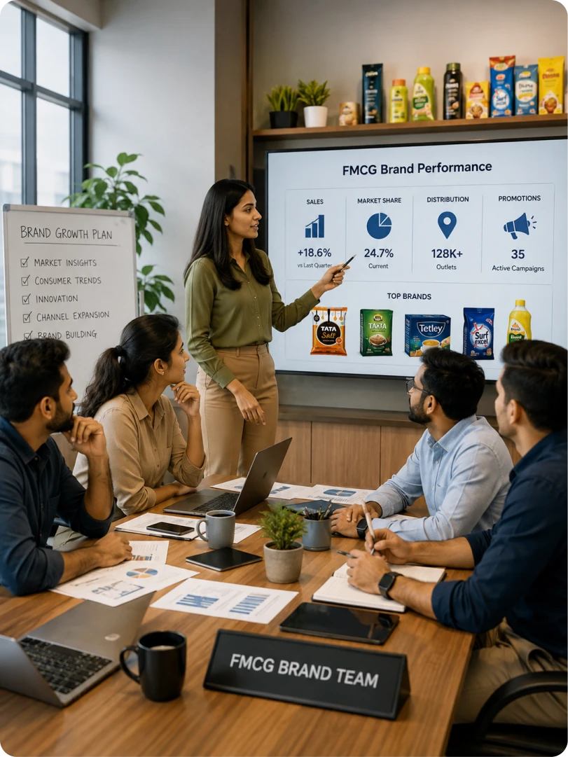 An FMCG brand team reviewing a brand-performance board of sales, market share, distribution and active campaigns