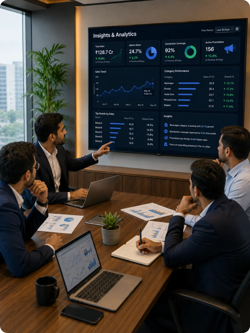 An insights and analytics team walking through a dashboard of sales trend, category performance and top brands by share