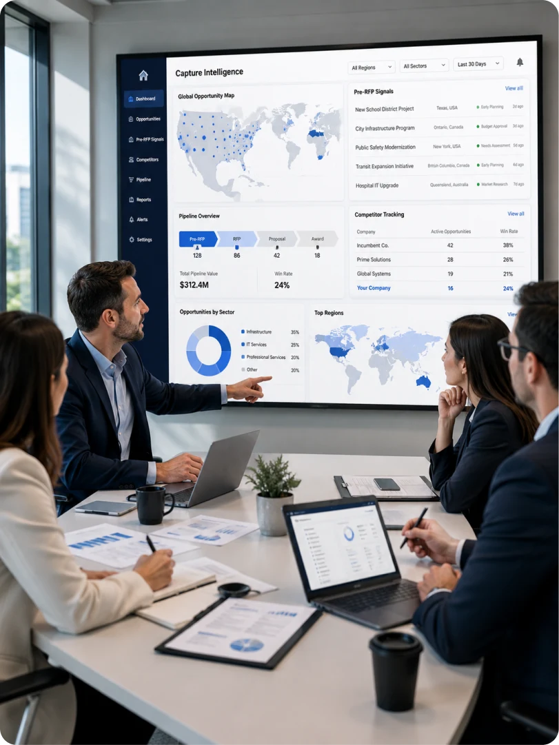 A business-development team tracking pre-RFP signals and recompetes with incumbent data