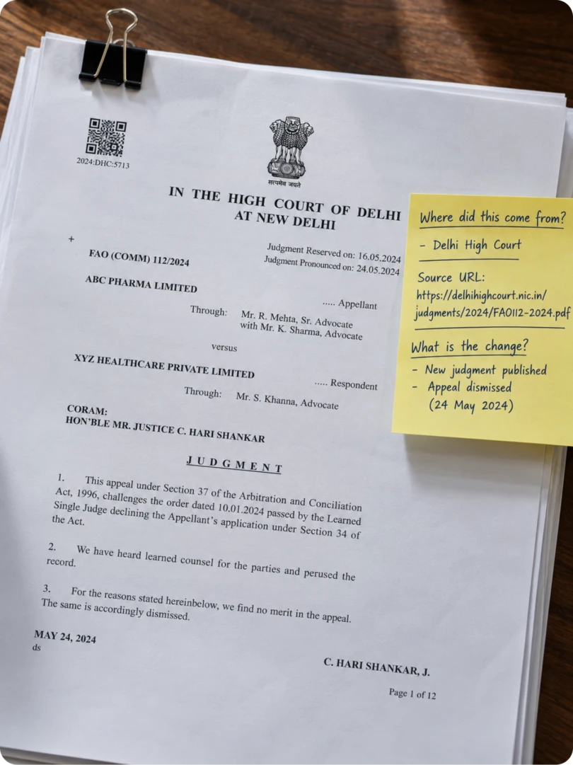 A Delhi High Court judgment beside a sticky note reading Where did this come from, with the source URL, court name and what changed noted underneath