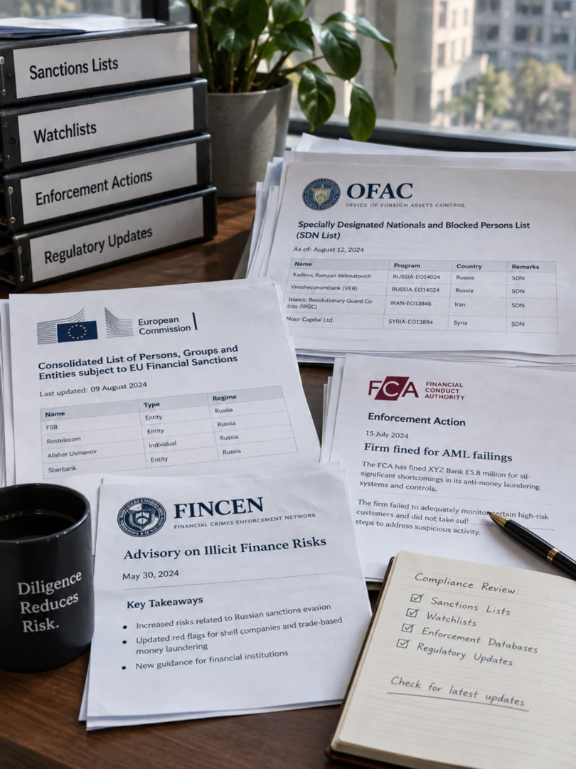 Binders labelled Sanctions Lists, Watchlists, Enforcement Actions and Regulatory Updates beside OFAC, EU sanctions, FCA enforcement and FinCEN advisory documents and a mug reading Diligence Reduces Risk