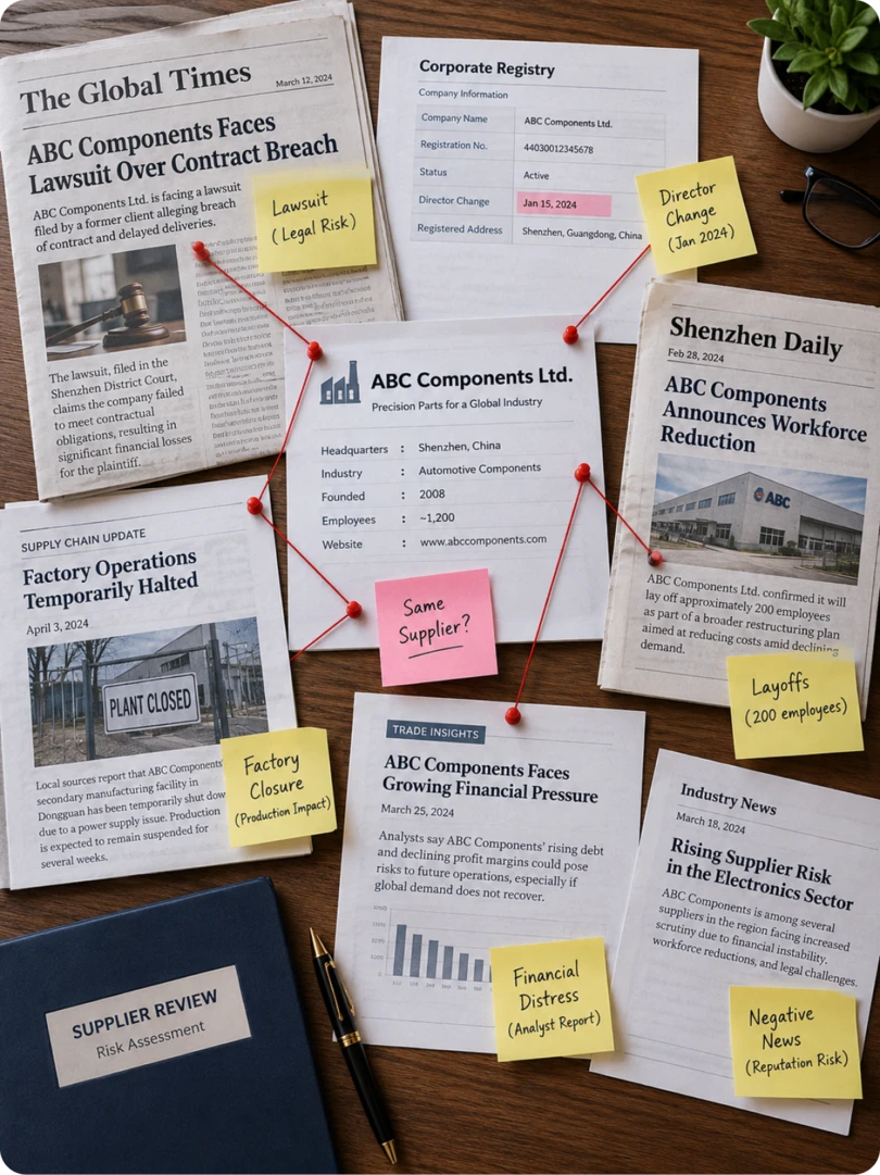 A collage of news clippings, a corporate registry record, and a factory-closure notice about ABC Components Ltd, connected with red string and yellow sticky notes reading Lawsuit, Director Change, Factory Closure, Layoffs, Financial Distress and Negative News, beside a Supplier Review risk-assessment binder