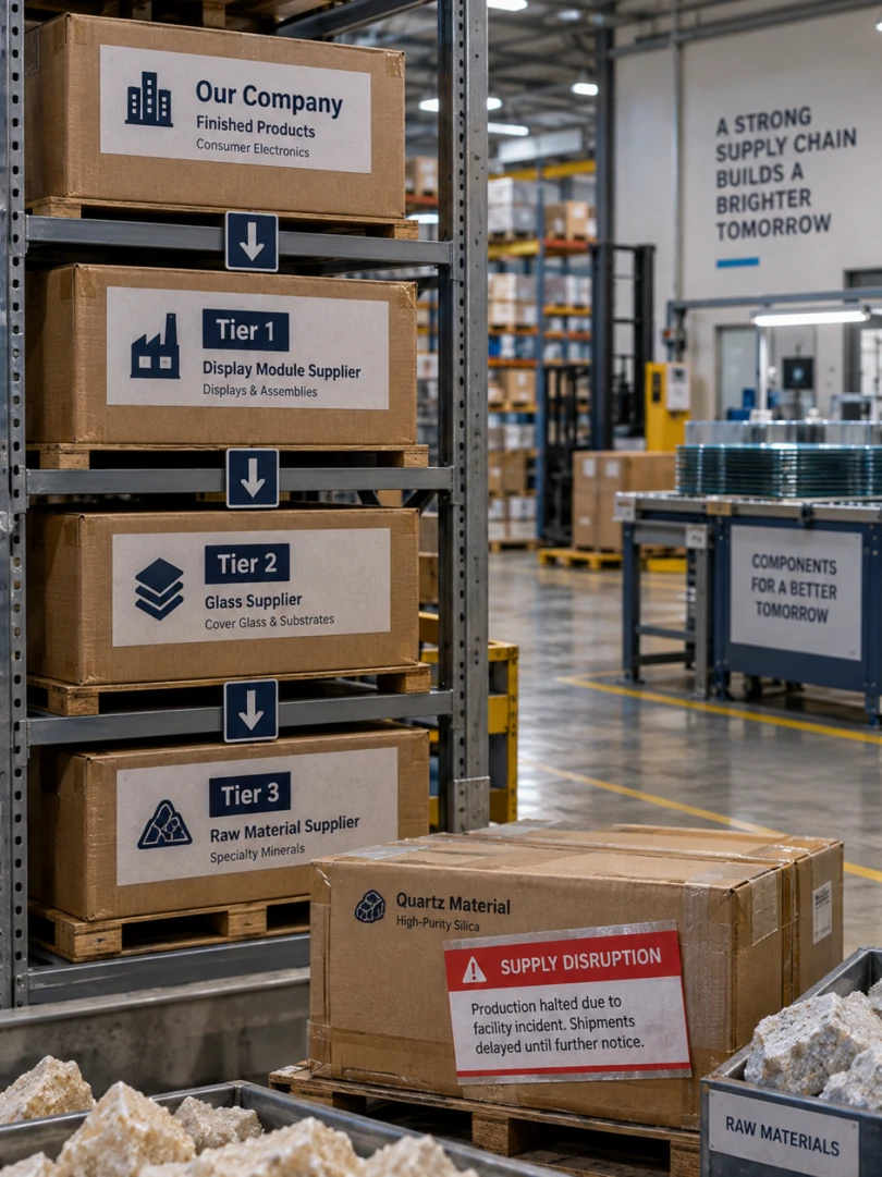 Warehouse shelving stacked with boxes labelled Our Company Finished Products, Tier 1 Display Module Supplier, Tier 2 Glass Supplier, and Tier 3 Raw Material Supplier, beside a Quartz Material box flagged Supply Disruption — production halted due to a facility incident