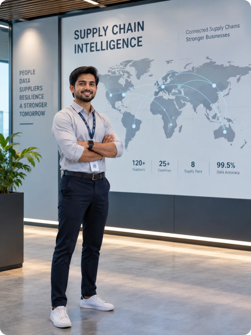 A supply chain analyst standing arms-crossed in front of a wall display reading Supply Chain Intelligence, showing a world map of connected trade routes and stats for 120+ suppliers, 25+ countries, 8 supply tiers and 99.5% data accuracy