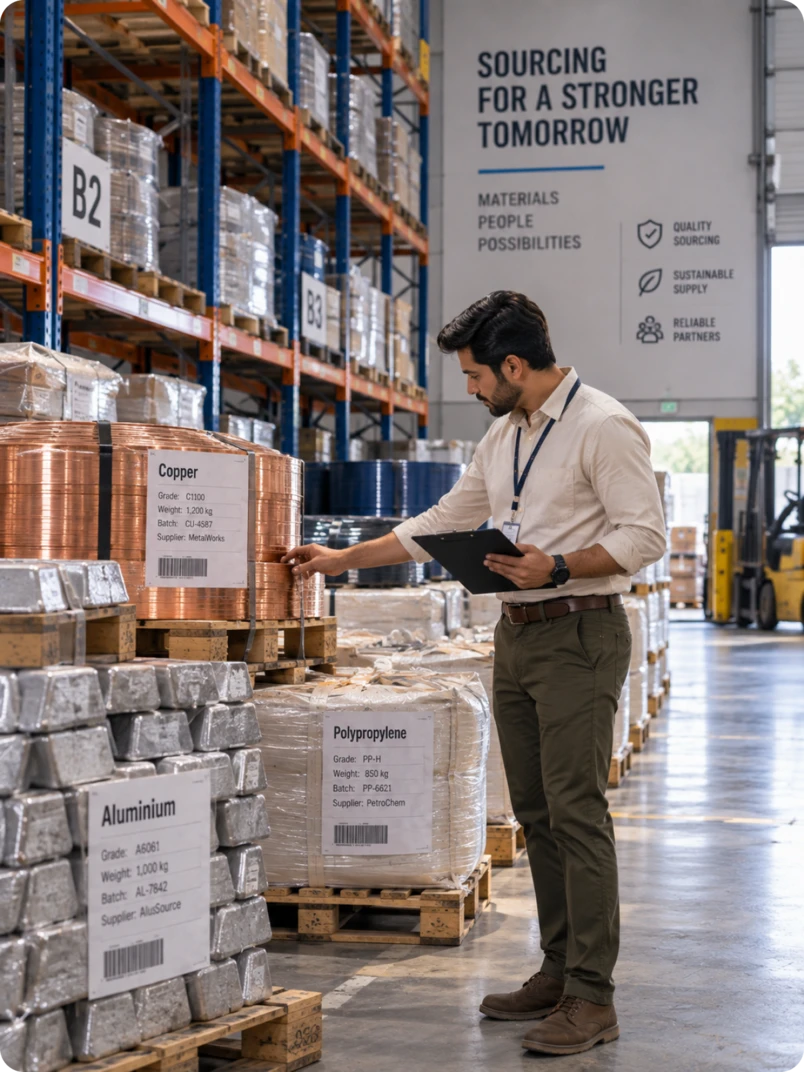 A sourcing manager with a clipboard inspecting labelled pallets of copper, aluminium and polypropylene raw materials in a warehouse, under a sign reading Sourcing For A Stronger Tomorrow