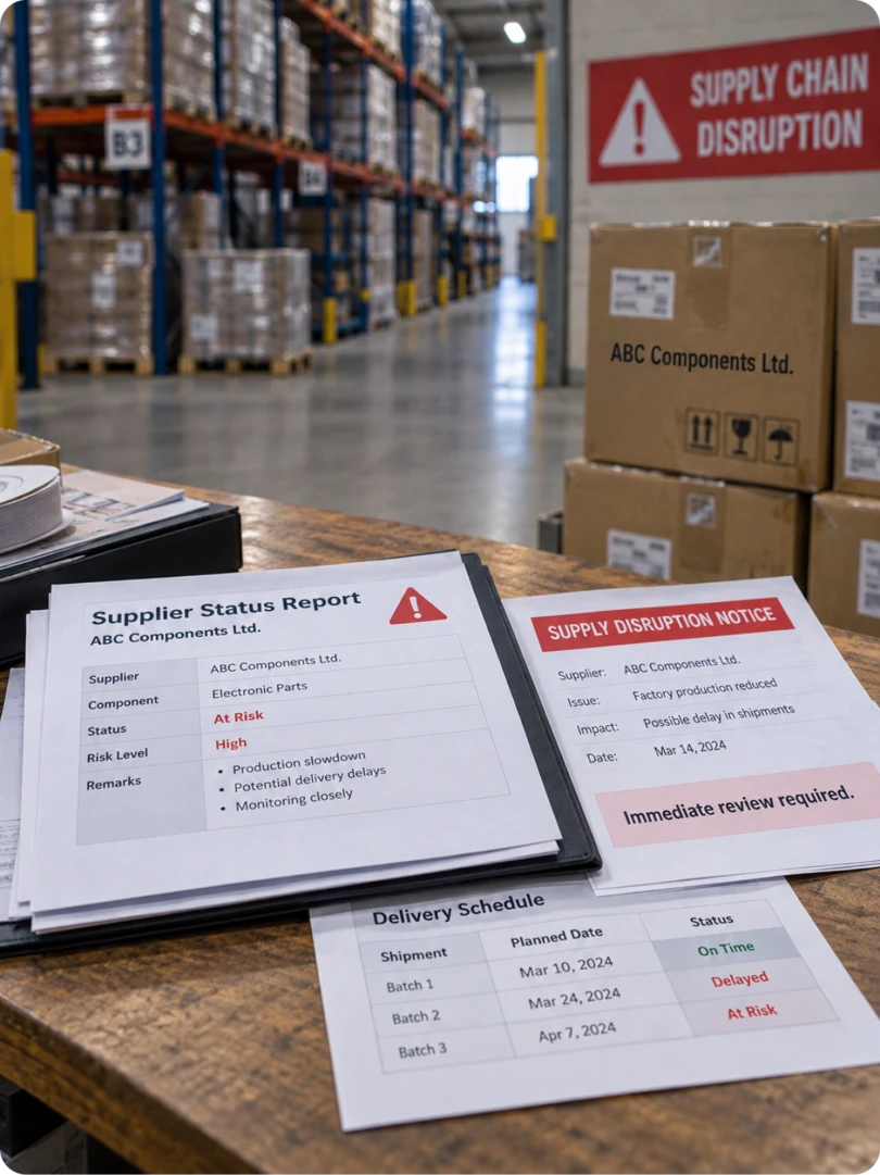 A supplier status report and supply-disruption notice for ABC Components Ltd on a warehouse desk, beside a delivery schedule showing on-time, delayed and at-risk shipments, with a Supply Chain Disruption warning sign on the wall behind