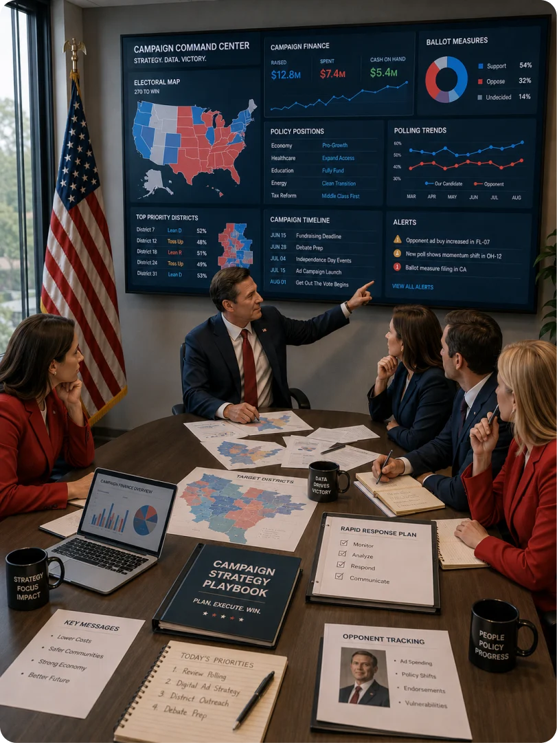 A campaign team running opposition research from campaign finance filings and legislative records