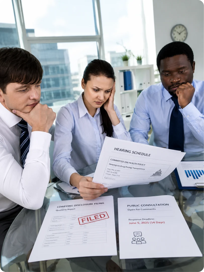 A public affairs team learning about a hearing or a lobbying filing days after it happened